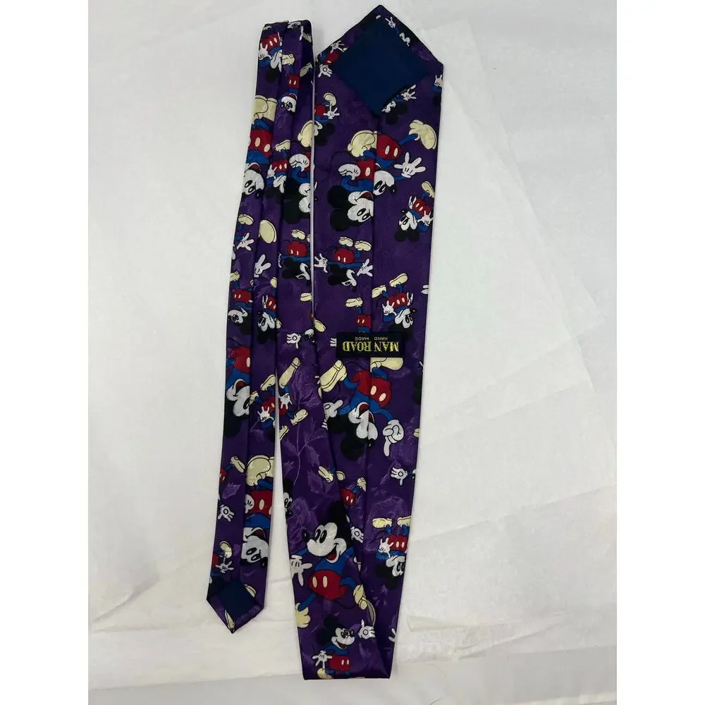 Vintage Disney Mickey Mouse Silk Tie Purple‎ All Over Print Made Korea